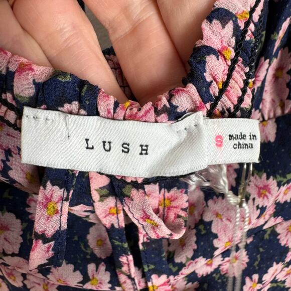Lush NWT Floral Print Tie Front Long Sleeve Mini Dress Size S Navy Blue Pink - Picture 5 of 12